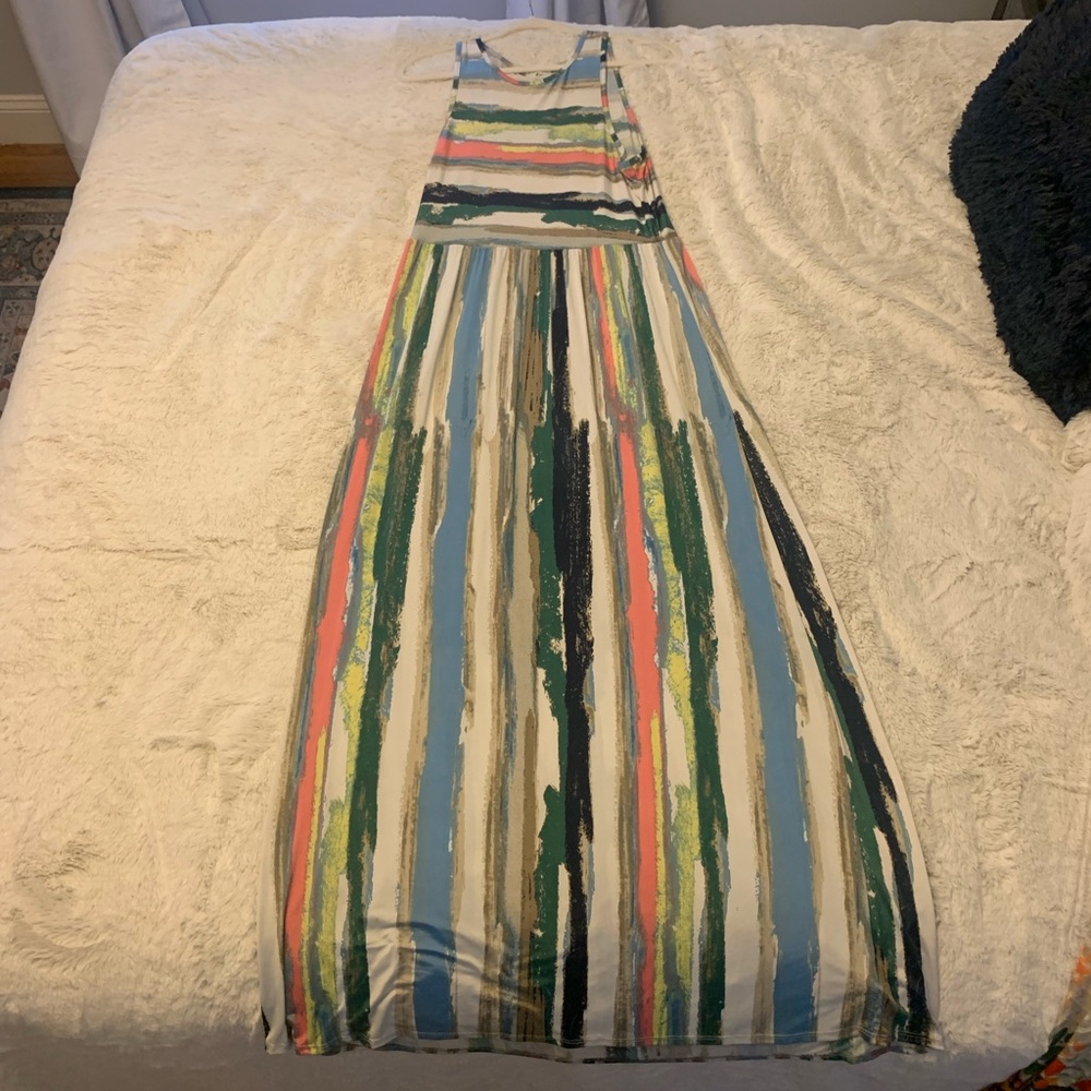 Multicolor striped stretchy fabric maxi dress